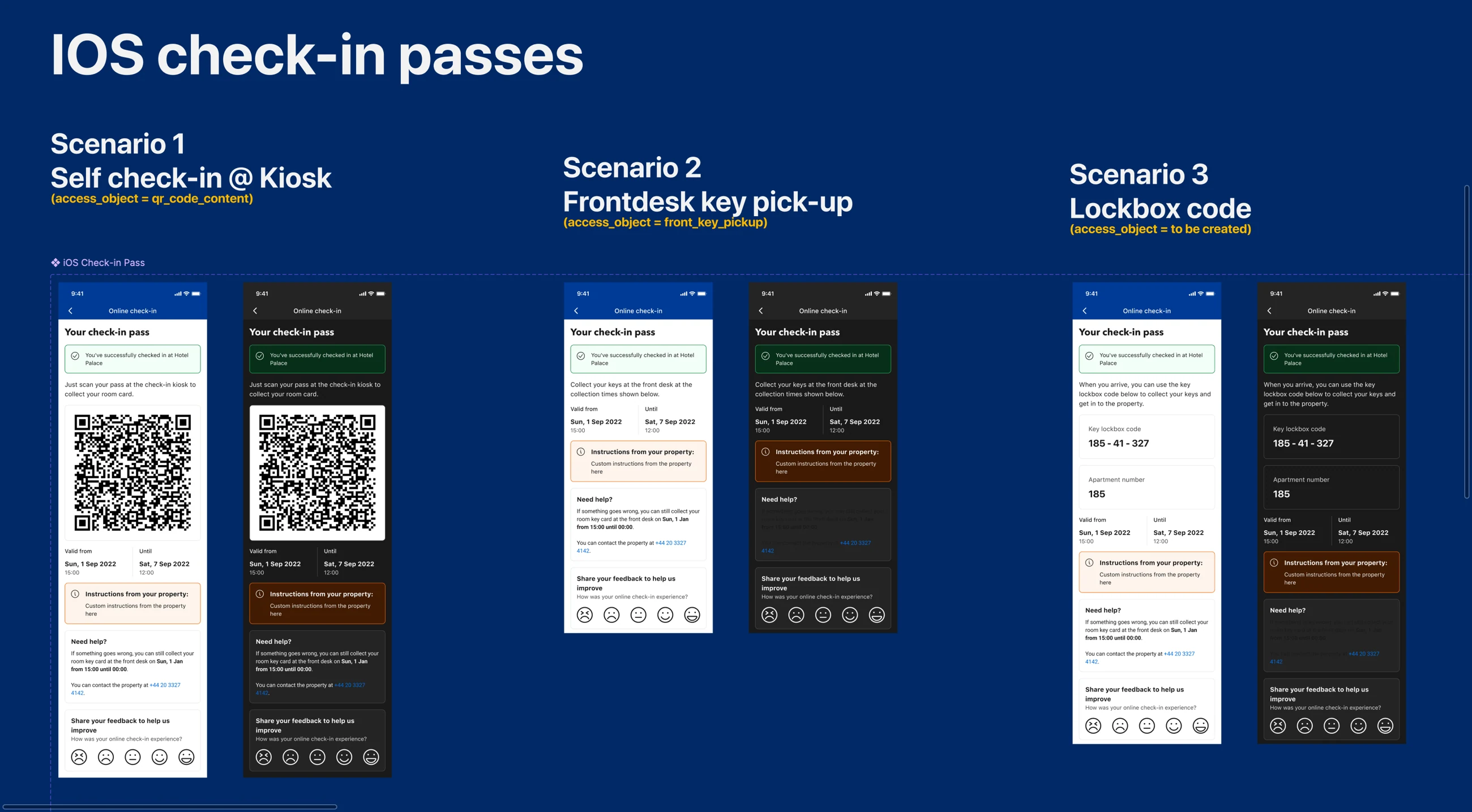 Three iOS check-in pass scenarios: self-check-in kiosk QR, front-desk key pickup and lockbox code
