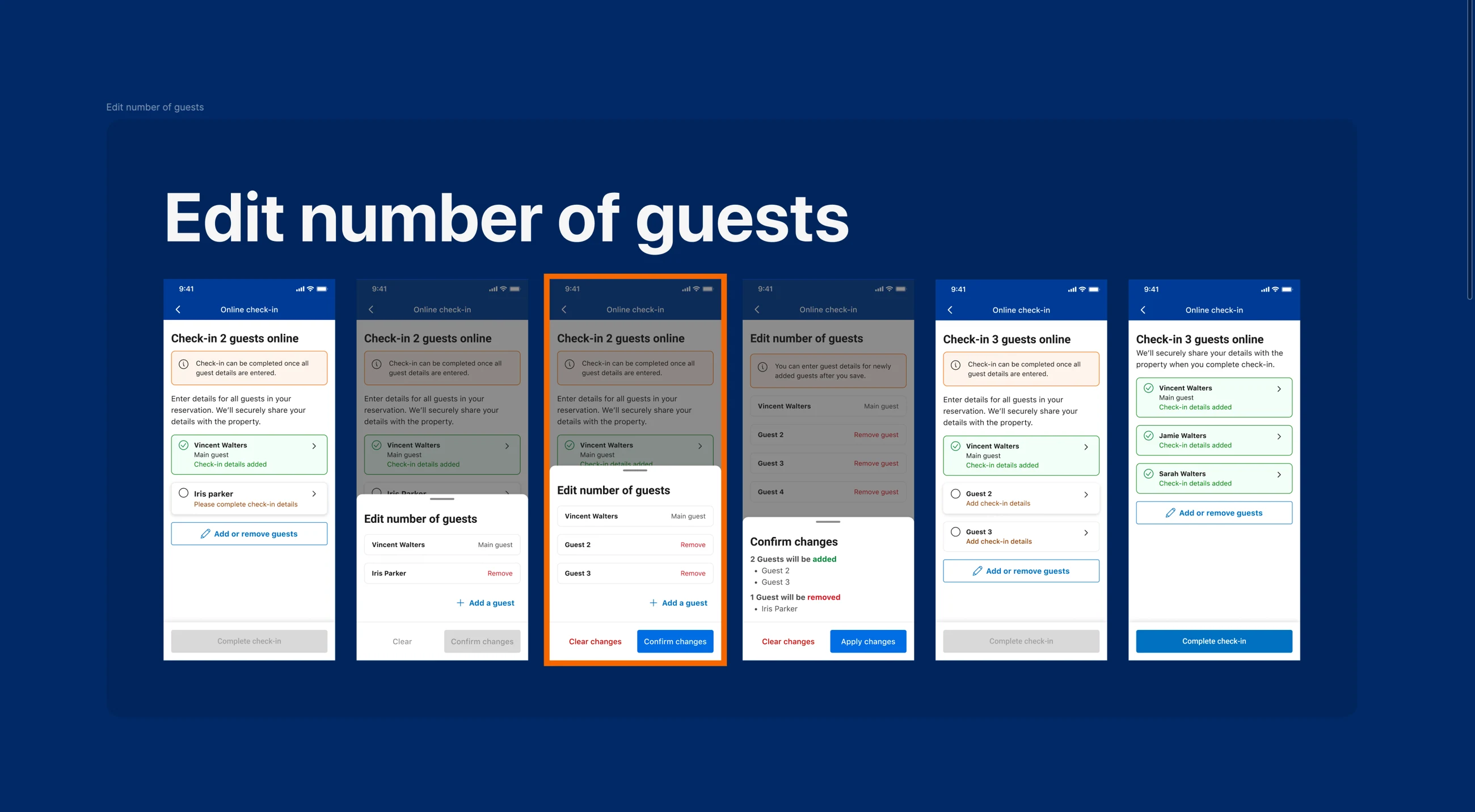 Complete edit-number-of-guests journey with add, remove and confirmation states
