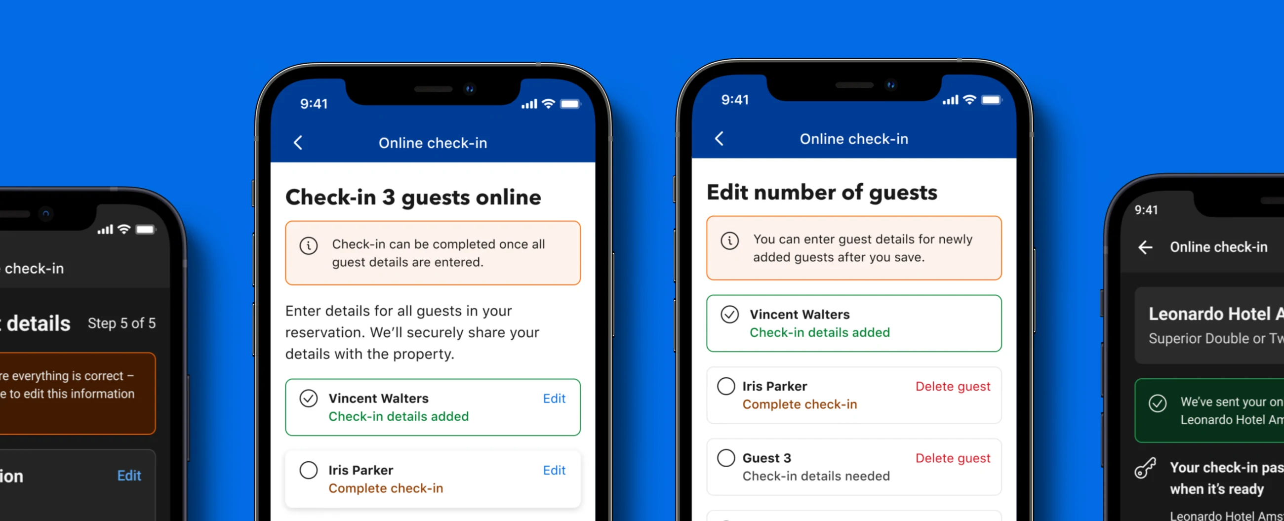 Full multi-guest check-in experience showing each guest’s completion status and edit-number-of-guests screen