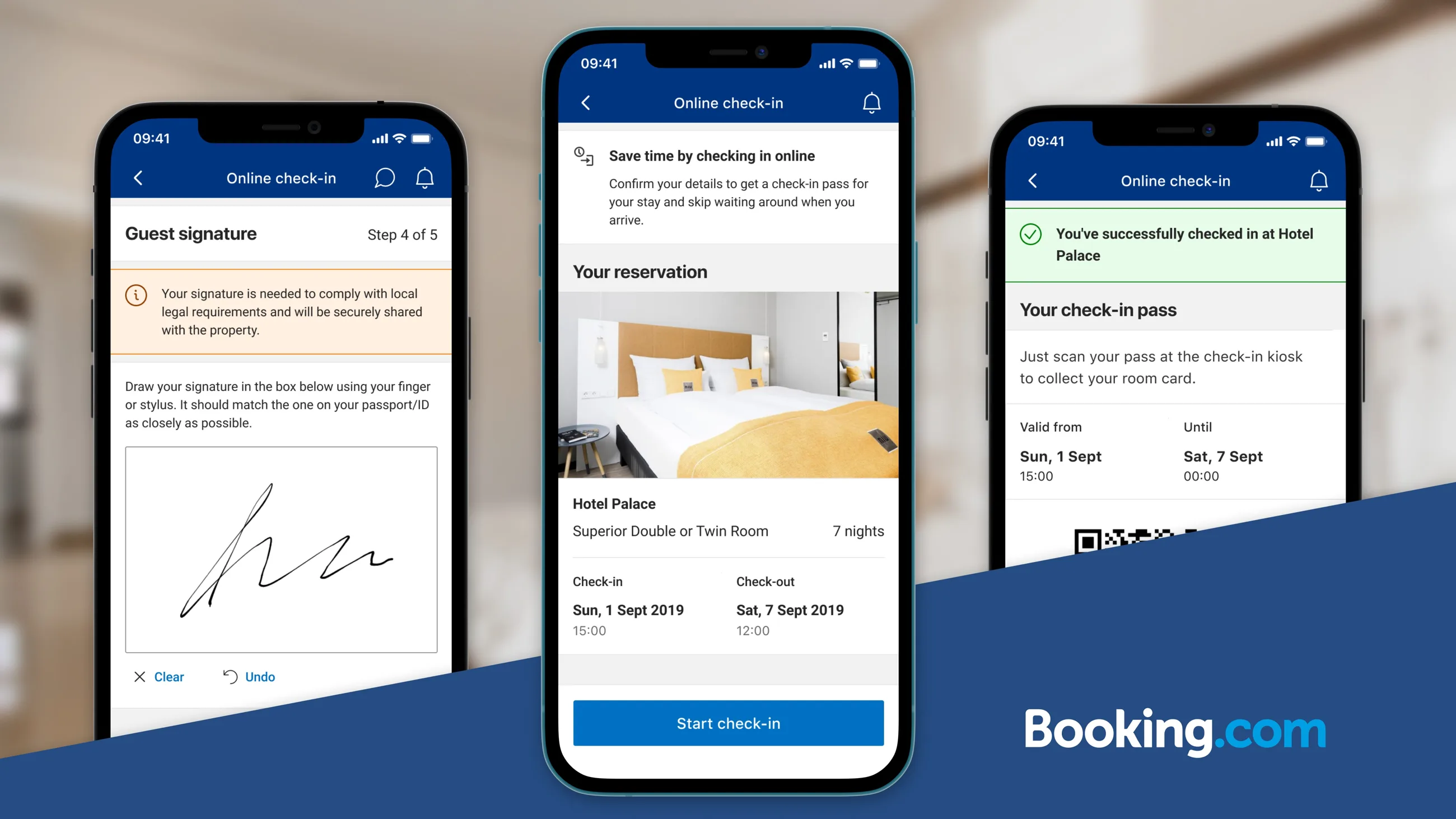 Three phones showing the guest signature step with a legal-requirement notice, the check-in start screen, and a confirmed check-in pass