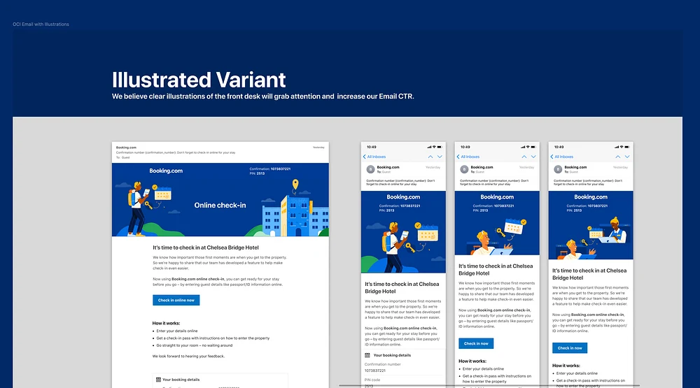 Illustrated online check-in prompt email across desktop and mobile layouts
