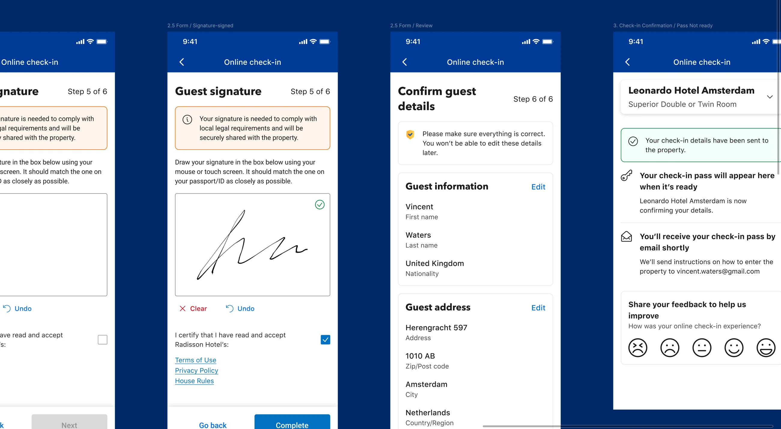Full guest-signature, review, confirmation and pass-ready mobile flow