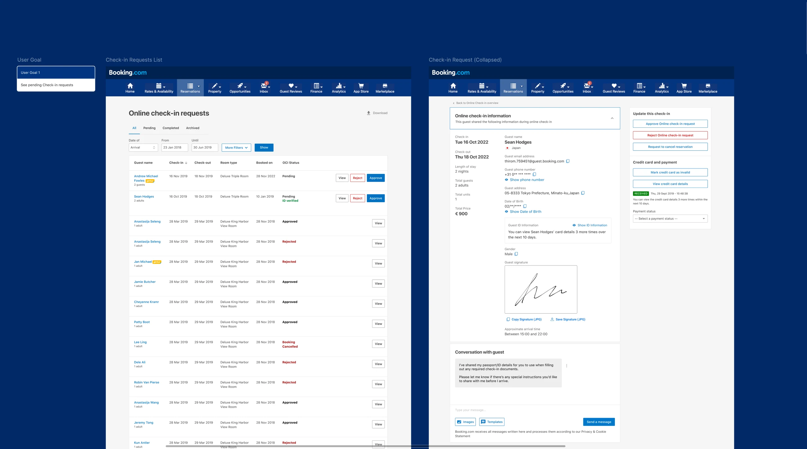 First-party Online Check-in Extranet tool showing a property’s request list and guest-information detail view