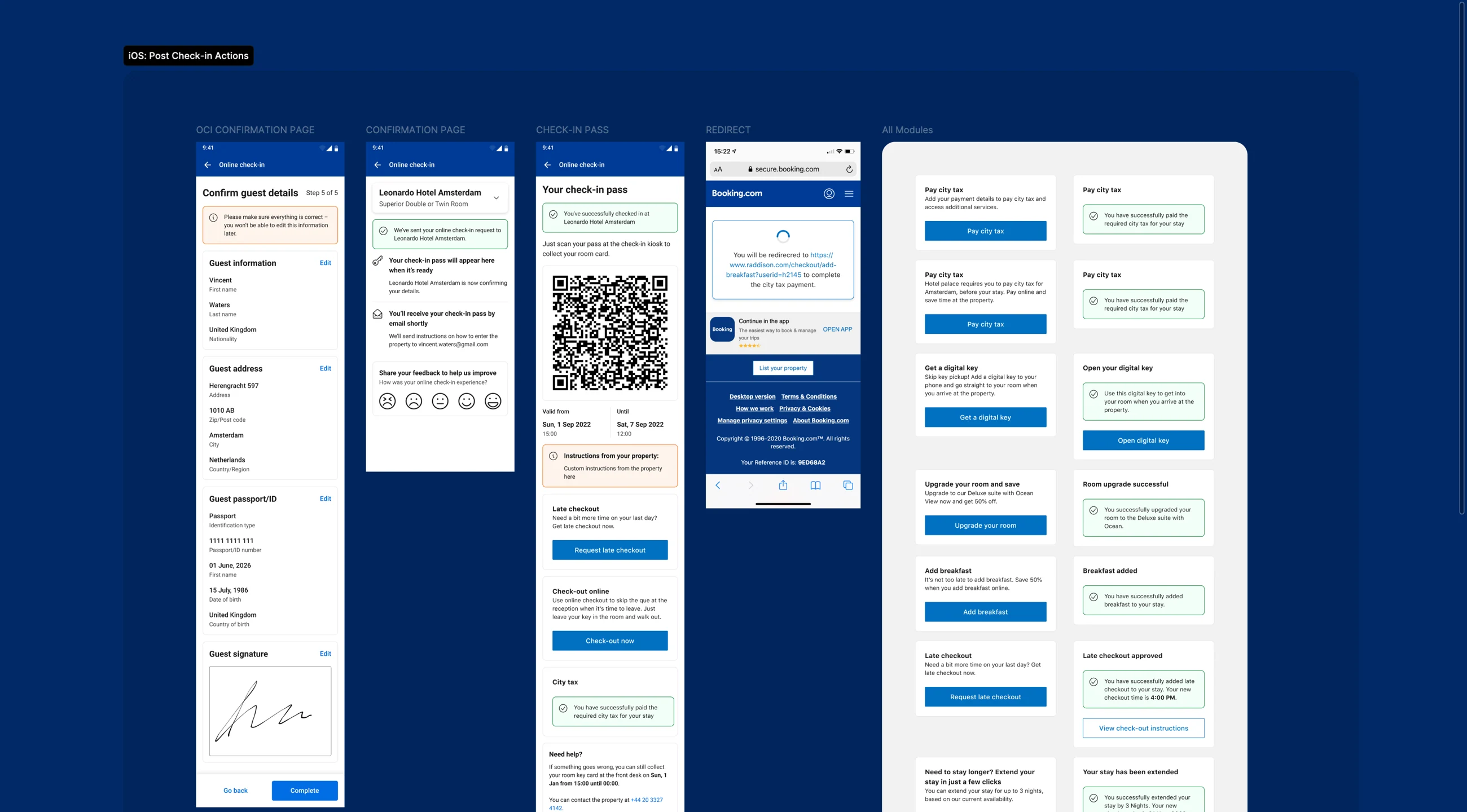 Complete pass details and post-check-in action board for guests
