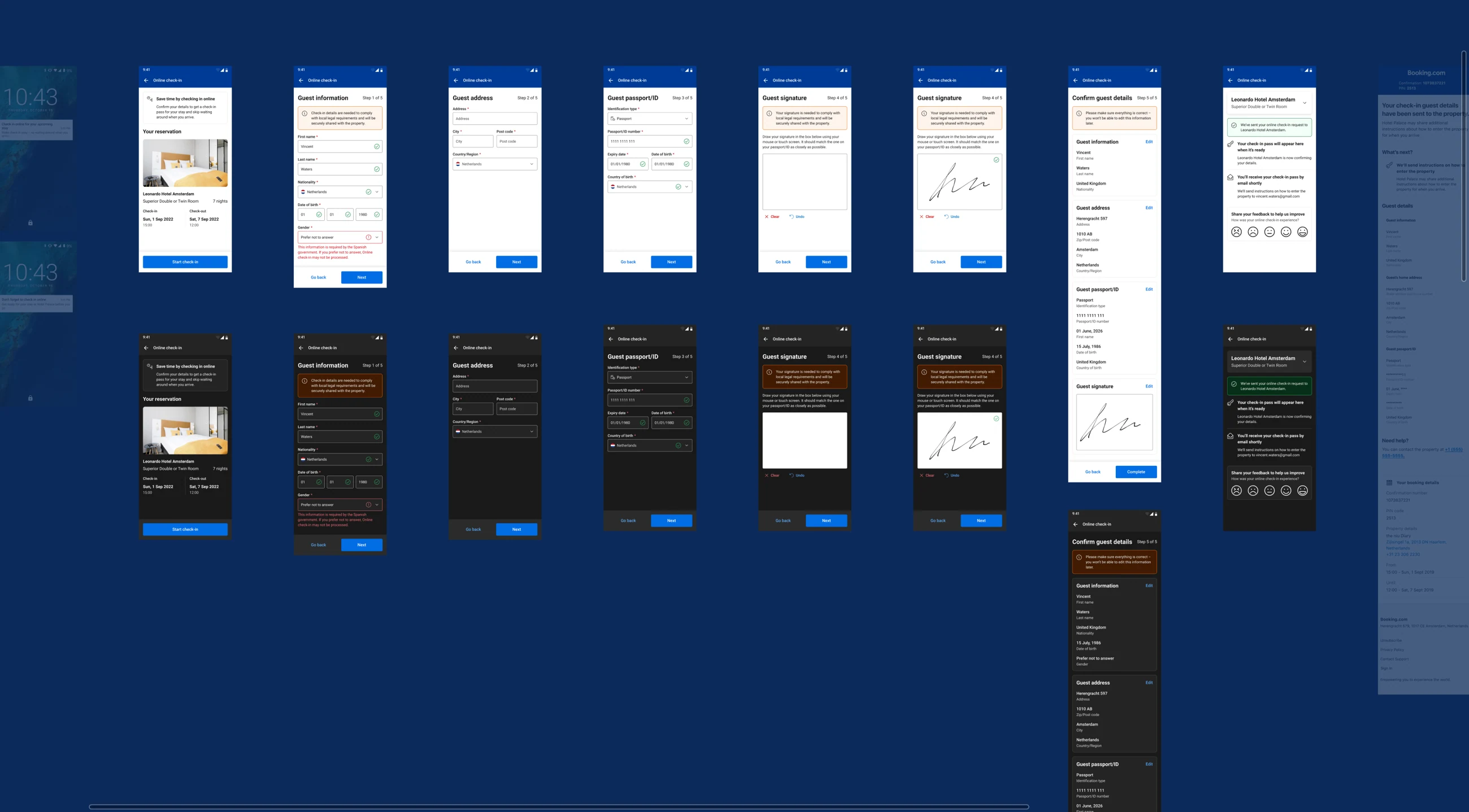 Second-iteration light- and dark-mode mobile Online Check-in flow with guest details, address, signature, review and confirmation